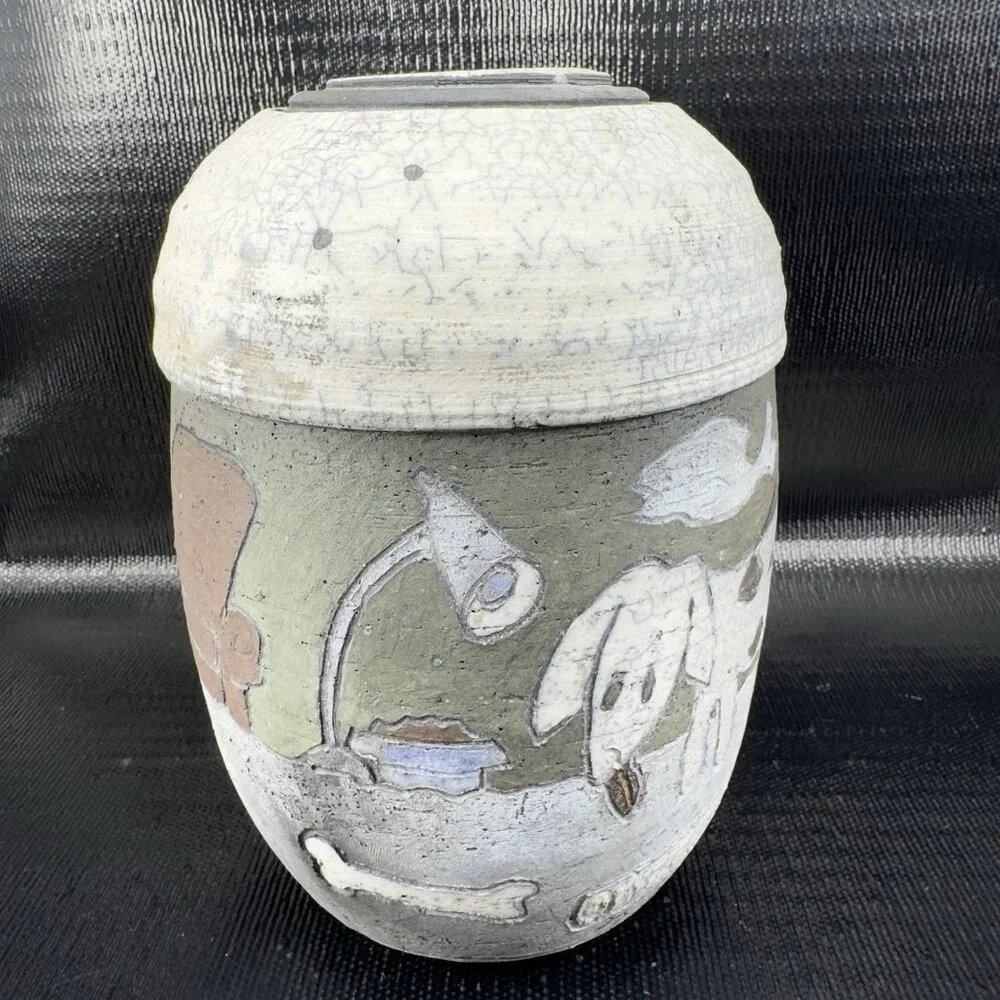 Vintage Hand Made Raku Pottery Large Vase Vessel Dog‎ Fish Couch Signed READ
